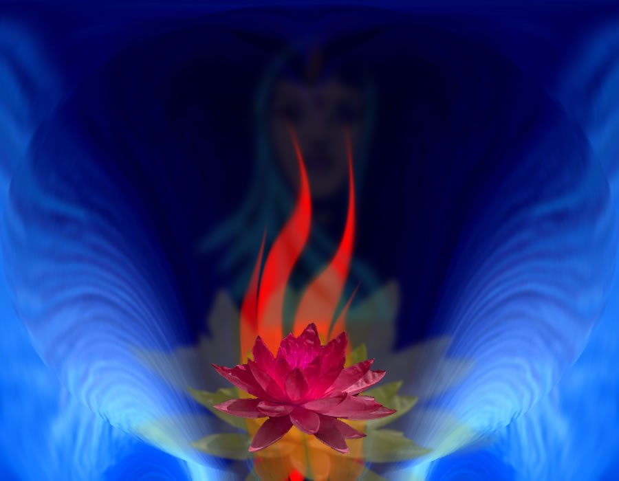 Hoa sen Chân Ngã (Egoic Lotus) với hình ảnh của Thái dương Thiên Thần ẩn phía sau- Tác phẩm của Duane Carpenter - http://www.light-weaver.com/ Đằng sau hoa sen là hình ảnh của đấng Thái dương Thiên Thần